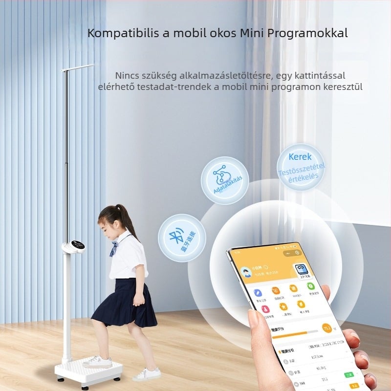 Bluetooth-képes magasság- és testsúlymérleg, újratölthető, hangos bejelentéssel, intelligens elektronikus mérleg