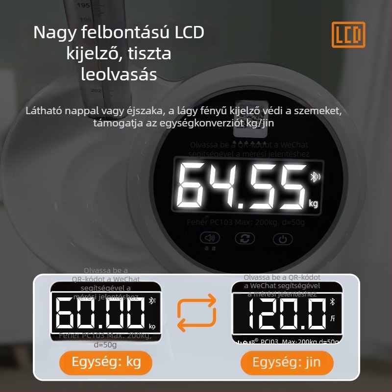 Bluetooth-képes magasság- és testsúlymérleg, újratölthető, hangos bejelentéssel, intelligens elektronikus mérleg