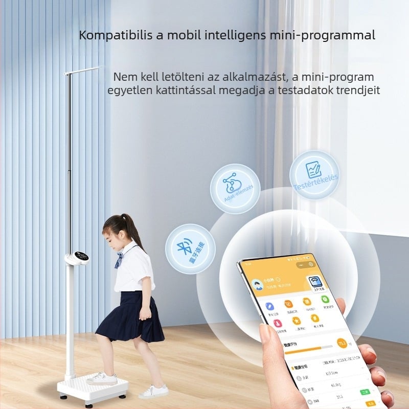 Bluetooth-képes magasság- és testsúlymérleg, újratölthető, hangos bejelentéssel, intelligens elektronikus mérleg