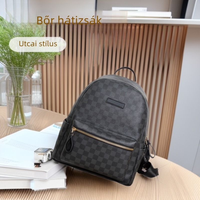 Kockás mintázatú bőrtáska egyetemistáknak, 13 hüvelykes laptop hátizsák