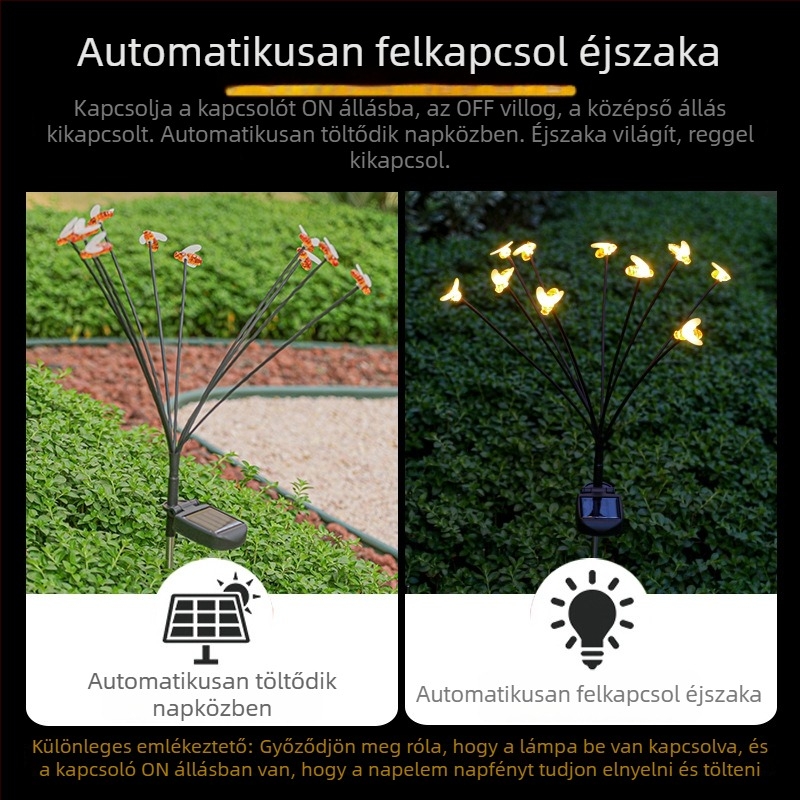 Méhe motívumos napelemes kerti lámpa – kültéri, vízálló földre szúrható lámpa udvarra