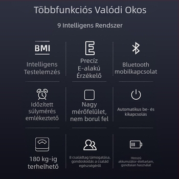 Intelligens testtömegszámláló akkumulátoros újratölthető, otthoni használatra, edzett üveglap, 360 kg teherbírás, 3 hüvelykes LED kijelző