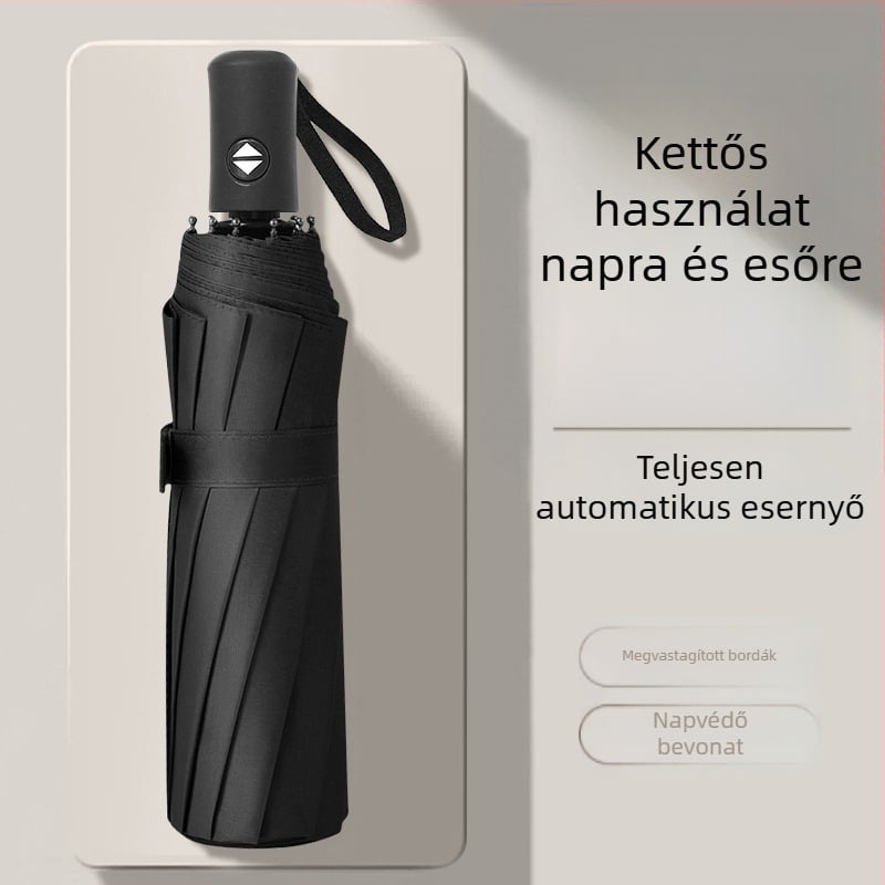 Teljesen automata megerősített esernyő férfiaknak, nap- és eső használatra, háromrészes összecsukható esernyő UV védelemmel