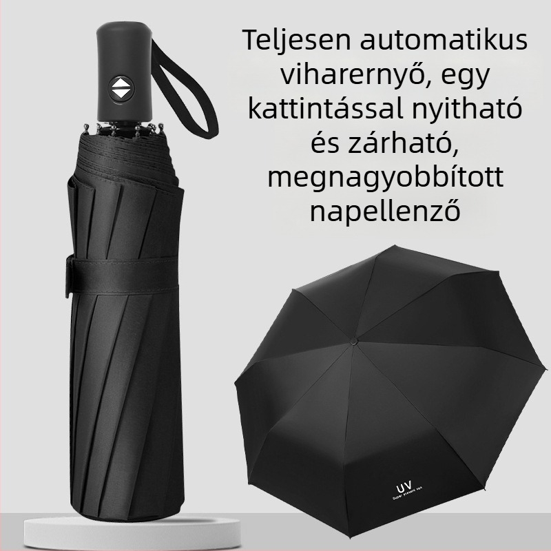 Teljesen automata megerősített esernyő férfiaknak, nap- és eső használatra, háromrészes összecsukható esernyő UV védelemmel