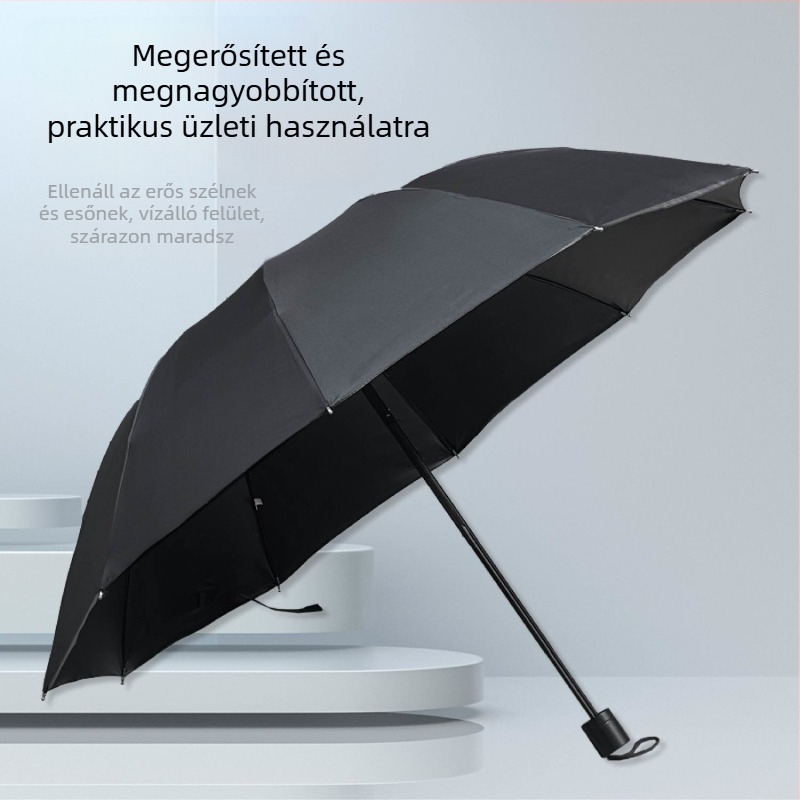 10 bordás esernyő, fekete bevonattal, egyszínű üzleti stílus, kettős használat nap és eső, kézi működtetésű, háromrészes összecsukható