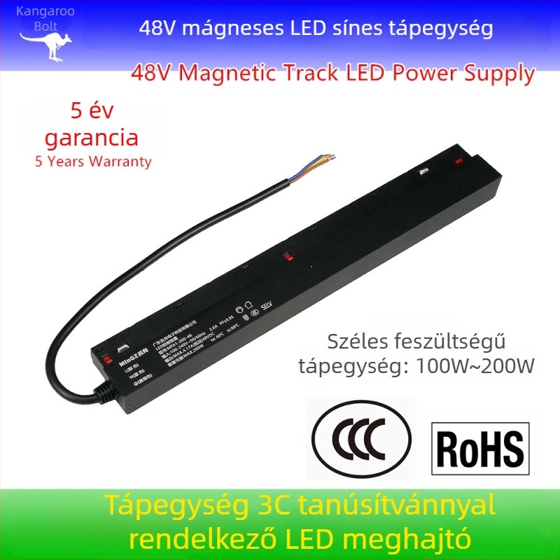 3C-tanúsítvánnyal rendelkező LED sínhez való tápegység, mágneses rögzítés, 48V, 5 év garancia, RoHS, széles feszültségtartomány, kapcsolóüzemű tápegység