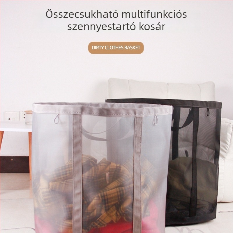 Hálós anyagú kosár szennyes ruhákhoz, összecsukható, falra szerelhető a fürdőszobába