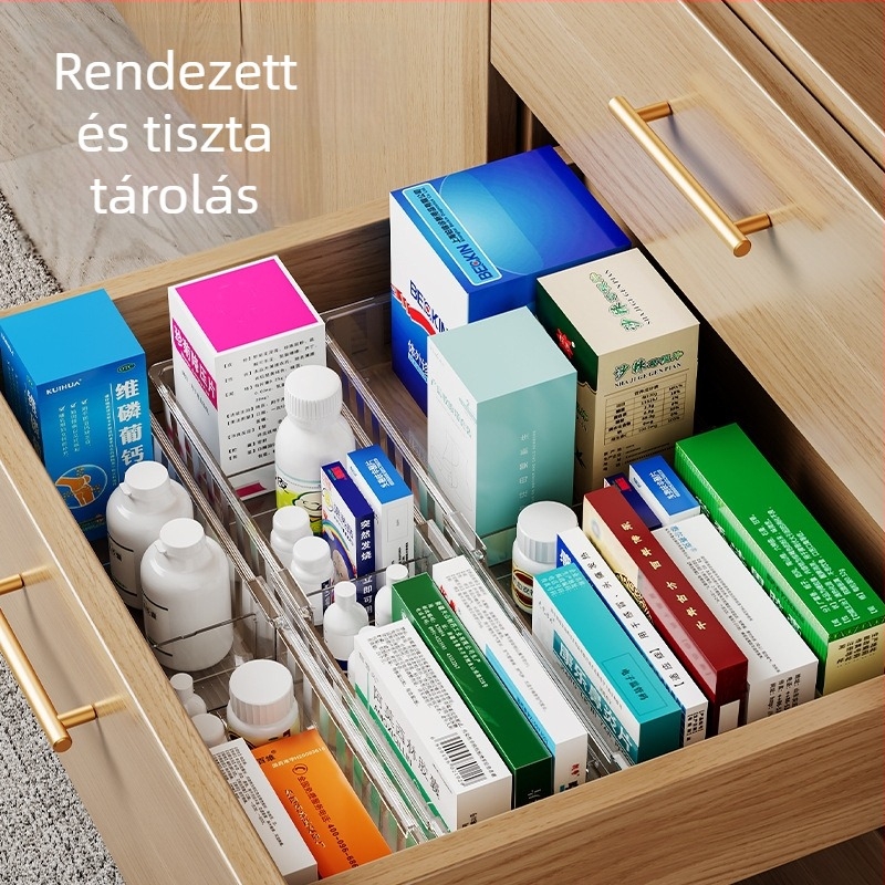 Kihúzható tároló doboz osztott rekeszekkel, beépített rendező a konyhai eszközöknek, irodai kellékeknek és kozmetikumoknak