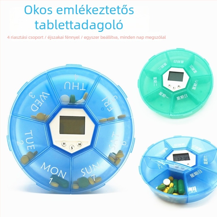 Nagy kapacitású tabletta doboz időzítővel, hordozható, átlátszó műanyag szervező, intelligens emlékeztető