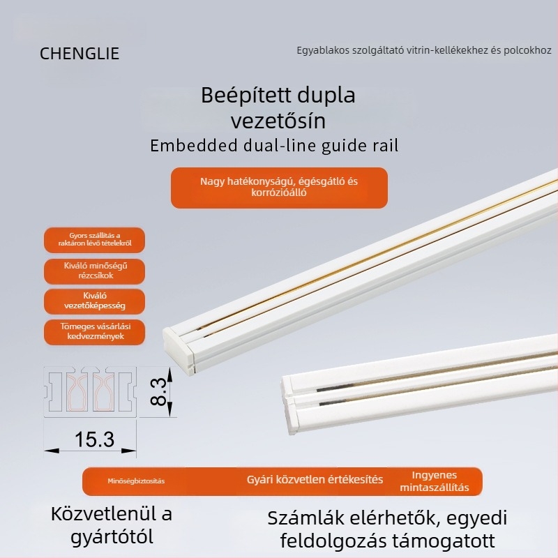 Vitrin szekrény vezető hornyával és sínnel, felületre szerelt fekete–fehér beépített sín, rejtett tápellátás, polcvilágítás mágneses rögzítéssel