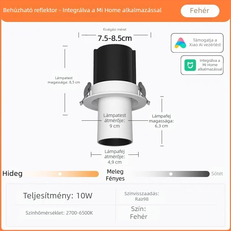 Beépített, kihúzható spotlámpa a nappali falát megvilágító, állítható fénysugárral, anti-glare és teljes spektrumú intelligens világítás