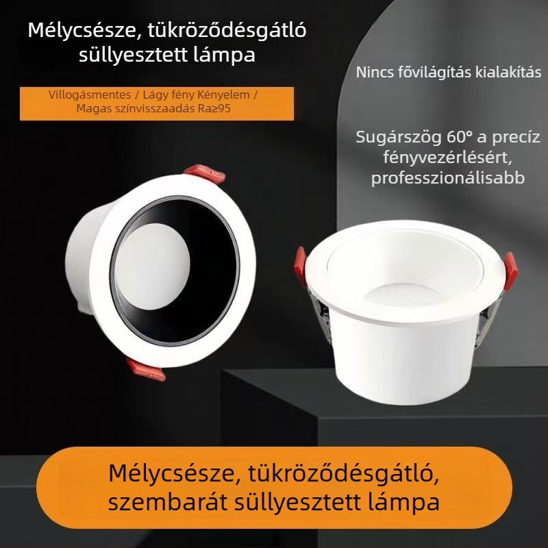 LED beépíthető mennyezeti lámpa mély tál formájú, anti-reflektoros, ultra vékony, háromszínű állítható fényű, teljes spektrumú nappali világítás