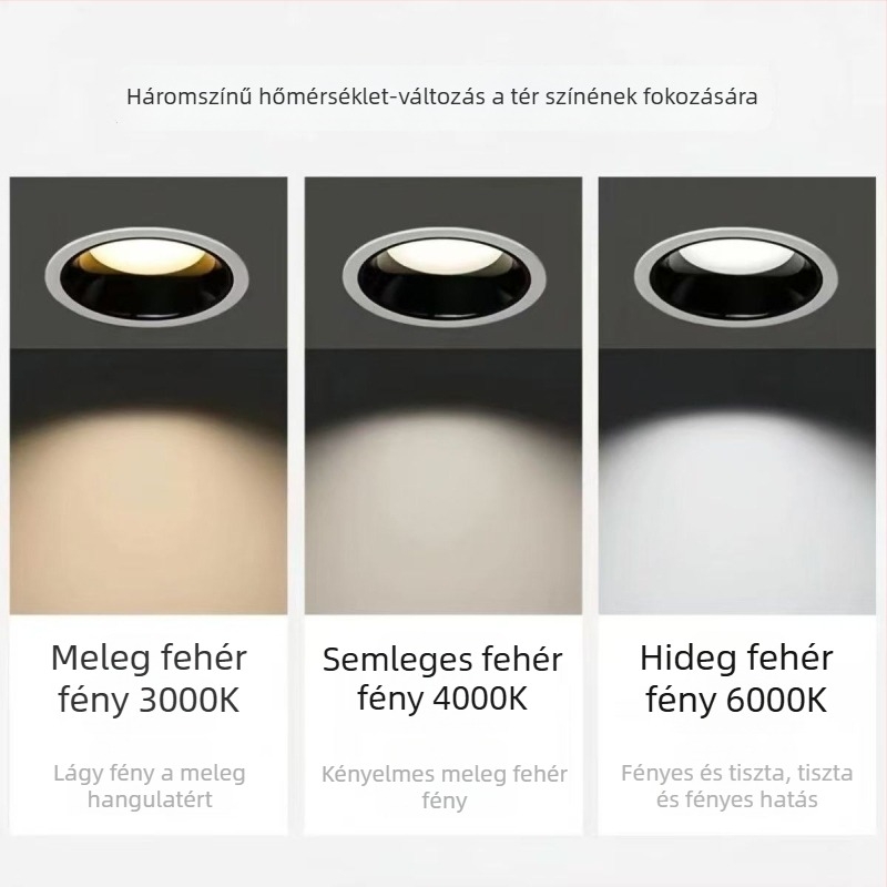LED beépíthető mennyezeti lámpa mély tál formájú, anti-reflektoros, ultra vékony, háromszínű állítható fényű, teljes spektrumú nappali világítás
