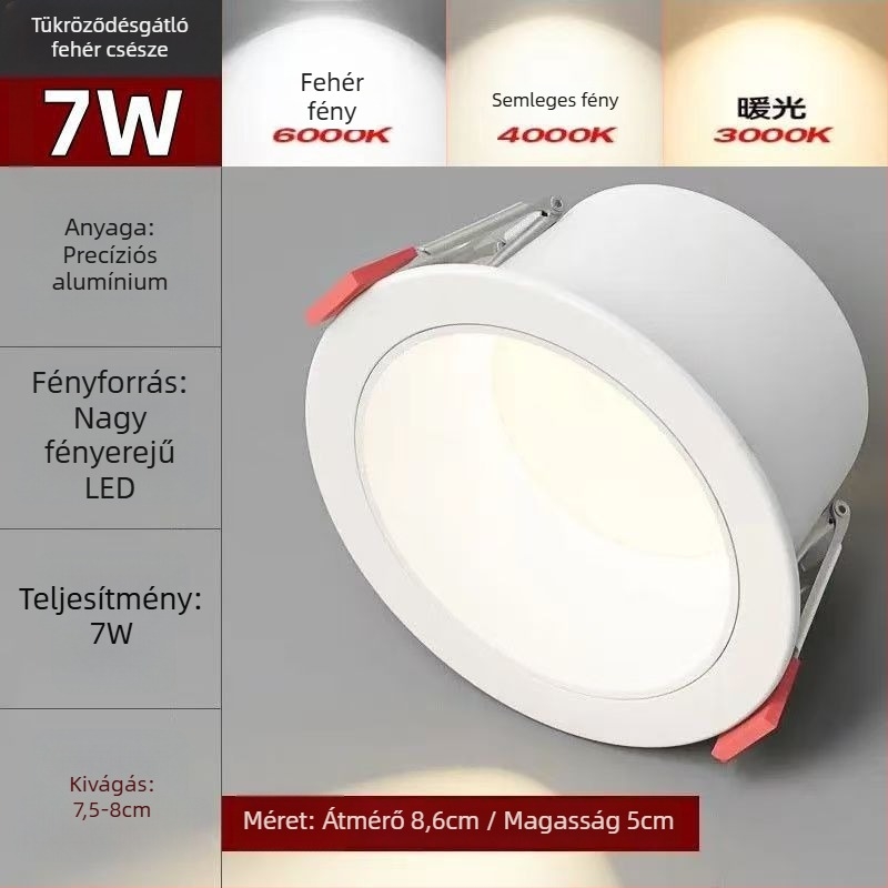LED beépíthető mennyezeti lámpa mély tál formájú, anti-reflektoros, ultra vékony, háromszínű állítható fényű, teljes spektrumú nappali világítás