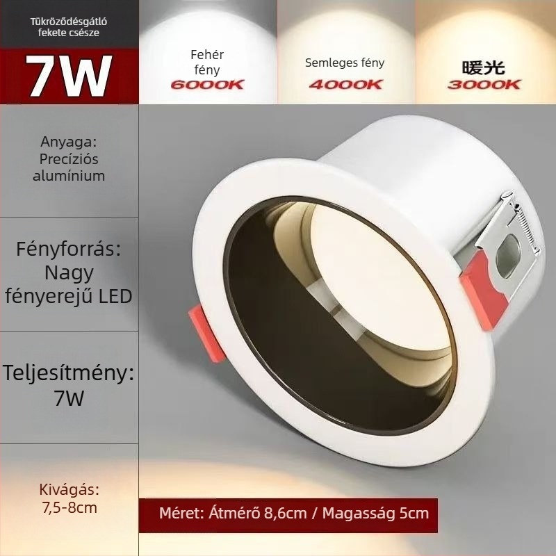 LED beépíthető mennyezeti lámpa mély tál formájú, anti-reflektoros, ultra vékony, háromszínű állítható fényű, teljes spektrumú nappali világítás