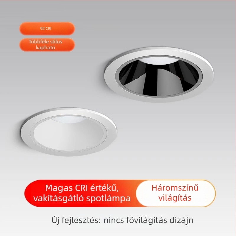 Beépített mély LED downlight háromszínű fényerősség-beállítással, szállodai nappalik és otthoni használatra, anti‑visszaverődés, magas CRI, 220V, alumínium test, rejtett felszerelés