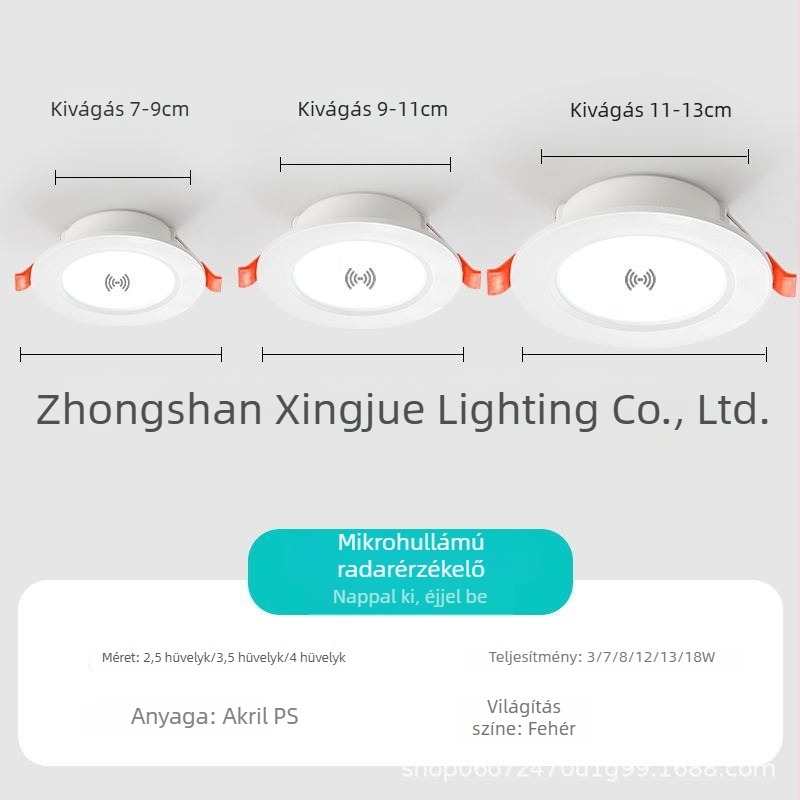 Beépített infravörös mozgásérzékelős downlight, késleltetett kikapcsolással, folyosókhoz és hotelfolyosókhoz; ultraérzékeny intelligens világítás