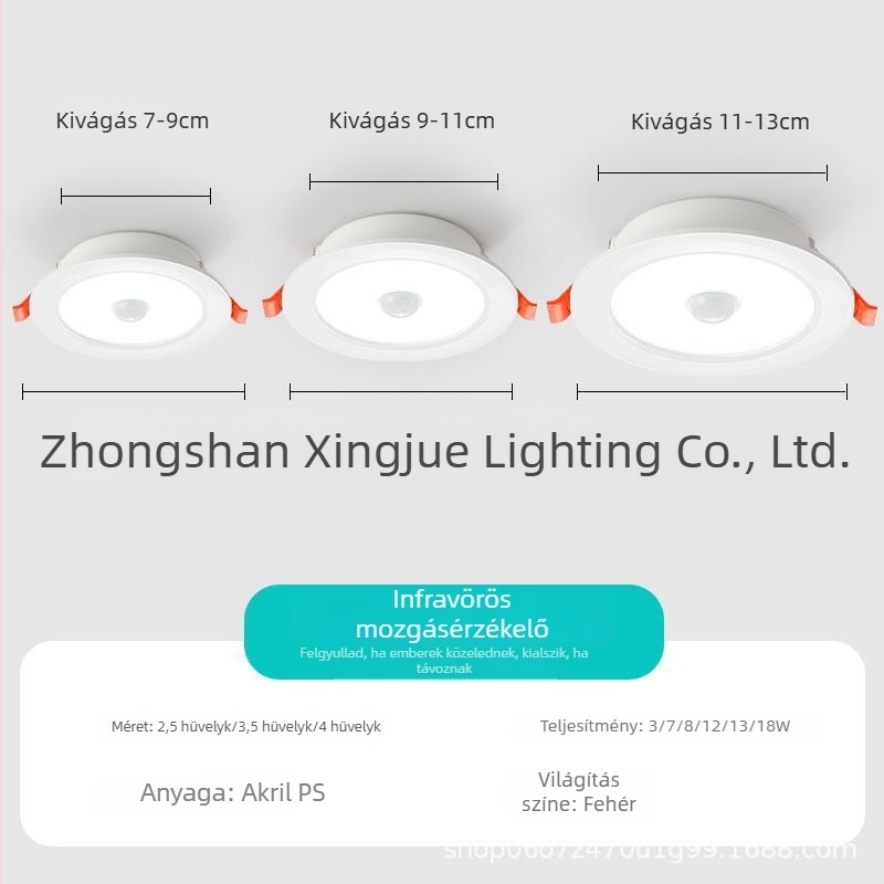 Beépített infravörös mozgásérzékelős downlight, késleltetett kikapcsolással, folyosókhoz és hotelfolyosókhoz; ultraérzékeny intelligens világítás