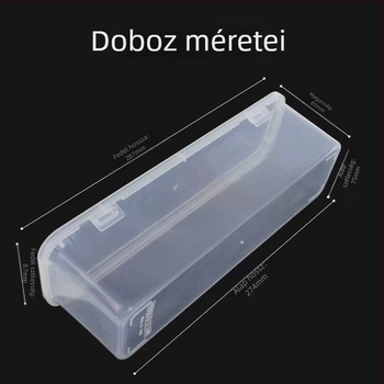 Átlátszó hosszú tároló doboz több rekesszel kábelek és apró tárgyak számára