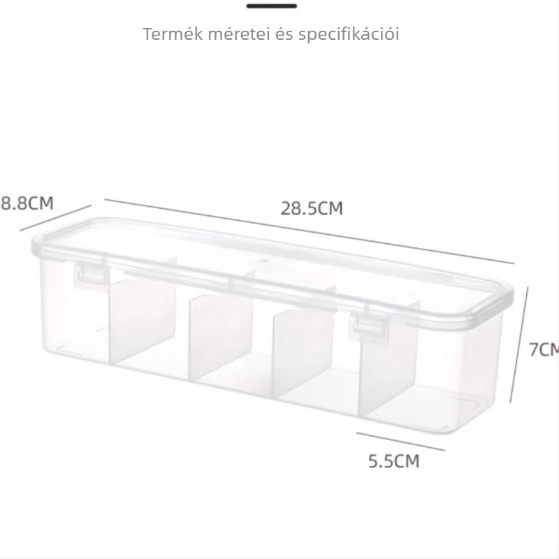 Átlátszó hosszú tároló doboz több rekesszel kábelek és apró tárgyak számára