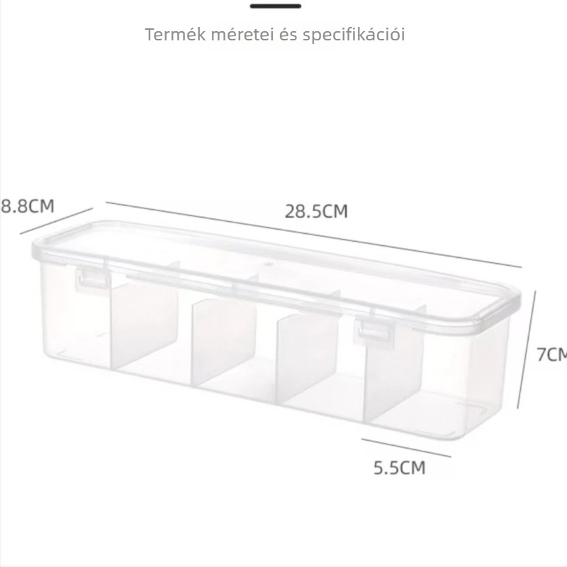 Átlátszó hosszú tároló doboz több rekesszel kábelek és apró tárgyak számára