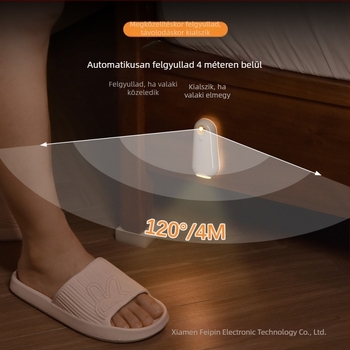 Feltölthető LED éjjeli lámpa a fürdőszobába mozgásérzékelővel – GRB atmoszférikus világítás, beépített akkumulátor, indukciós kapcsoló, modern minimalista kialakítás.