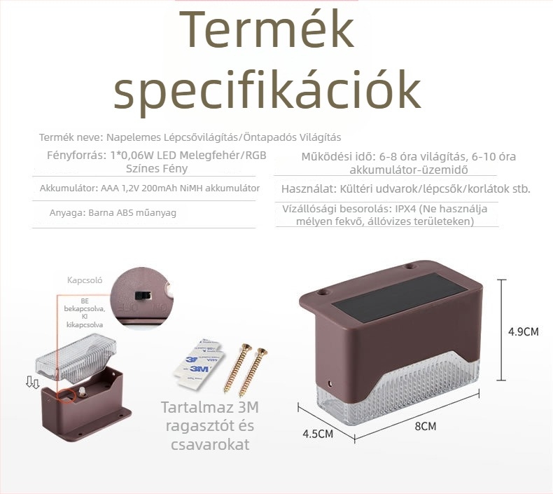 LED napelemes kertvilágítás külső lépcsőkhöz, öntapadós rögzítéssel, kerítés szenzoros világítás