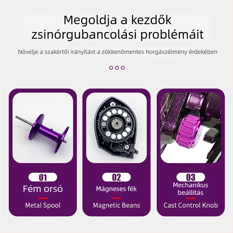Széles testű baitcasting orsó nagy kapacitással tengeri és hajóhorgászathoz, egygombos visszaállítási funkcióval és fém beépített lemezzel.