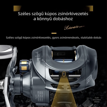 Horgászorsó, forgó, hosszú dobásra képes és dupla fékrendszerrel; sokoldalú használat.