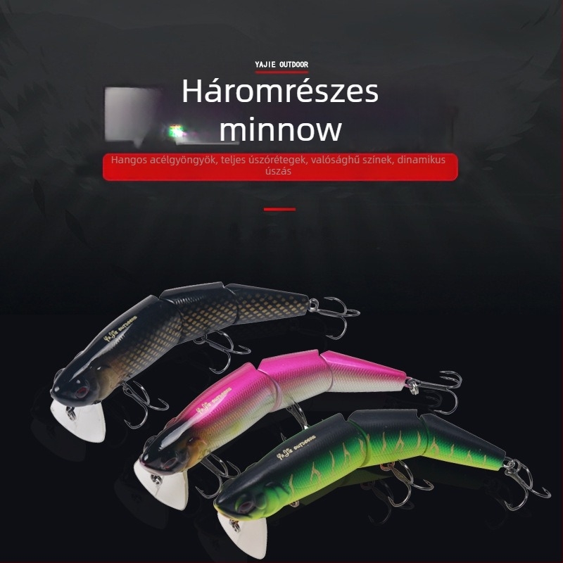 Háromszakaszos minnow-szerű műcsali három horoggal, élethű biomimikus csalival, plávó felszíni műcsali tengeri horgászatra