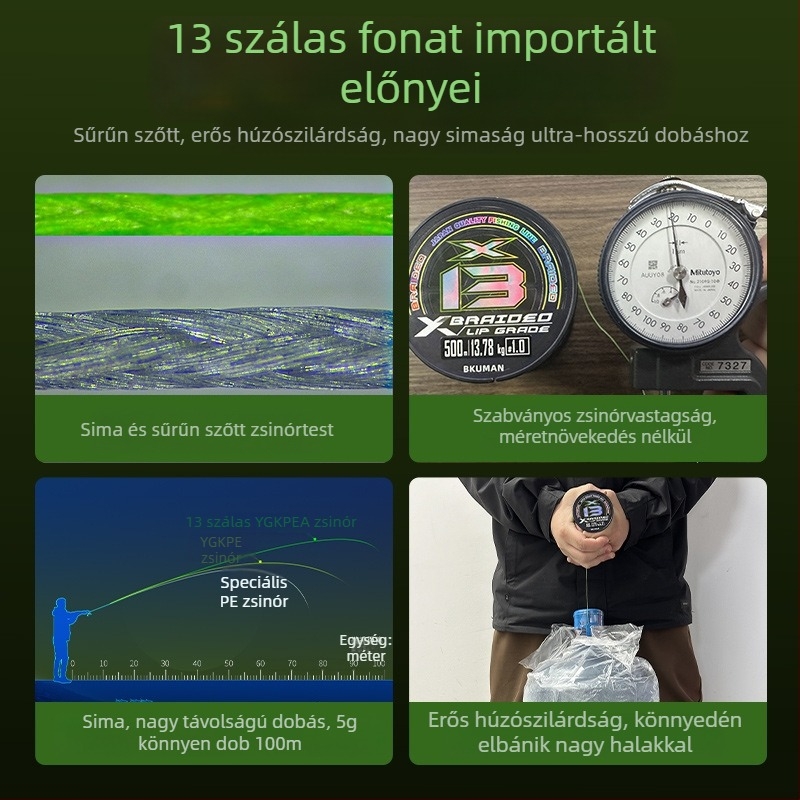 12+1 szálból szőtt PE horgász damil, ultraerős, hosszú dobásokhoz műcsalis horgászathoz, sima és erős, 131PE
