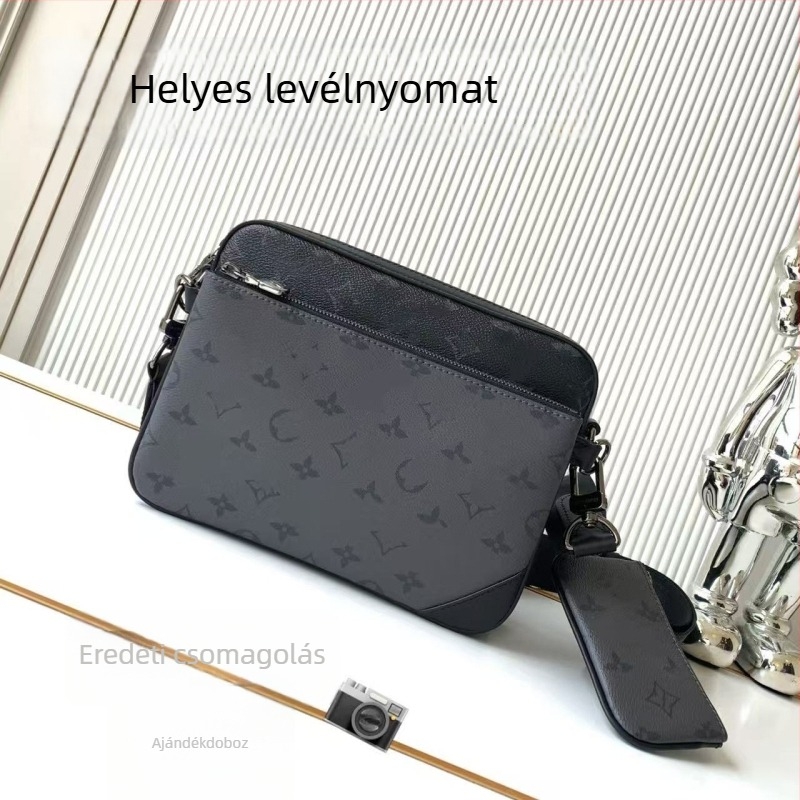 Férfiaknak szóló crossbody táska, 3 az 1-ben, fekete bőr, virágos mintával