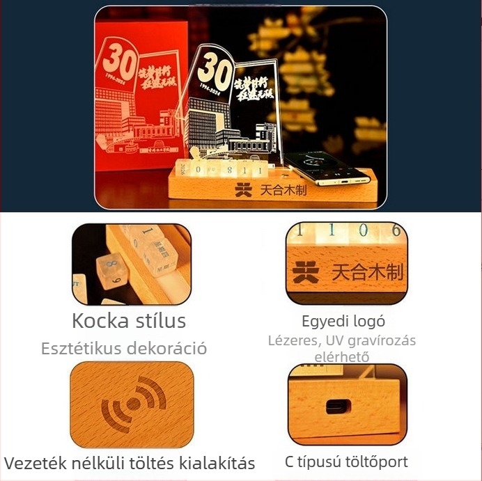 3D akril éjjeli fény naptárral - vezeték nélküli töltés, személyre szabható emlék