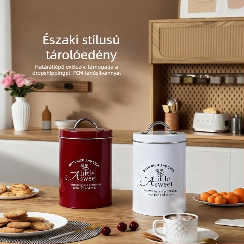 Skandináv stílusú nedvességálló teá-, cukor- és kávétároló fémdoboz