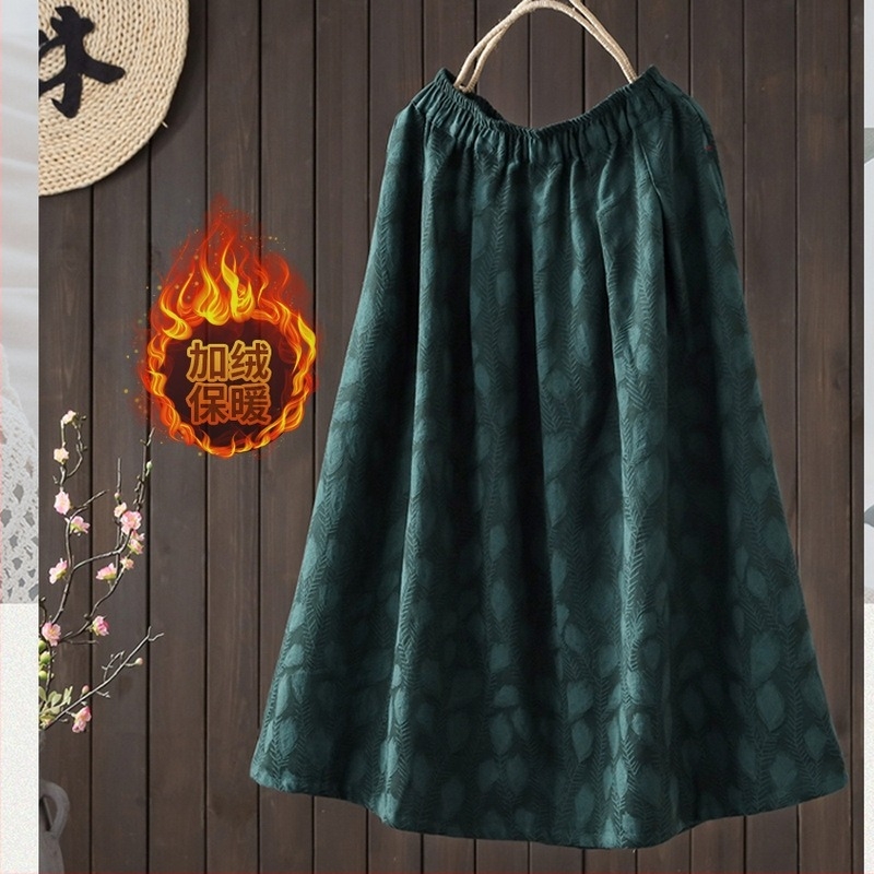 2025 téli új művészi retro pamut-len keverék jacquard midi A-vonalú szoknya fleece béléssel