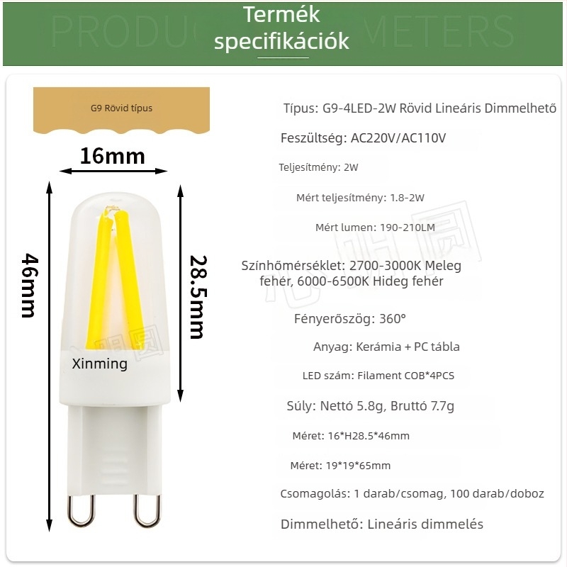 LED filamentszálas izzó 4W, G9 és E14 foglalat, dimmable, 220V, lakásban használható csillárhoz és asztali lámpához