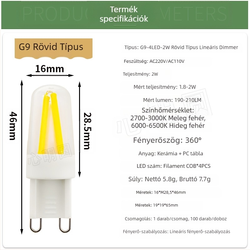 LED filamentszálas izzó 4W, G9 és E14 foglalat, dimmable, 220V, lakásban használható csillárhoz és asztali lámpához