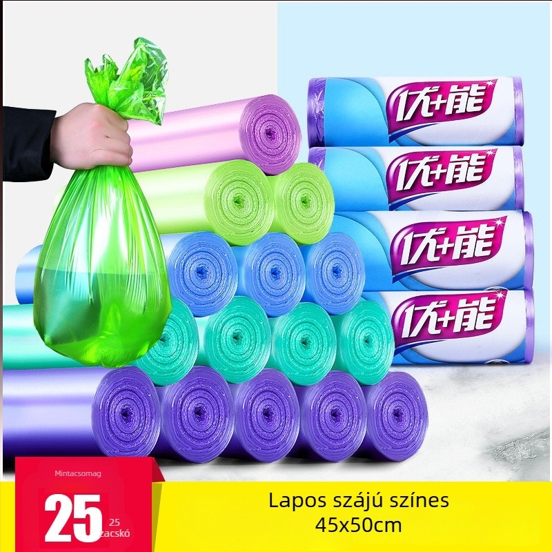 Háztartási lapos szájú műanyag zacskók, perforált, nagy tekercs, húzózsinóros, vastagított, konyha és iroda, nagy méret