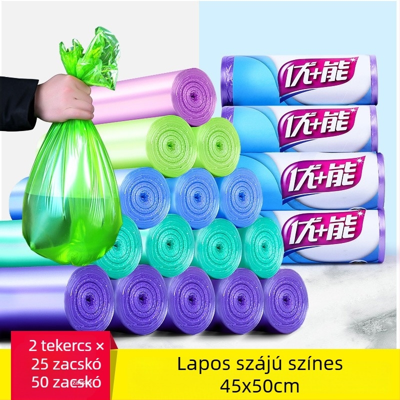 Háztartási lapos szájú műanyag zacskók, perforált, nagy tekercs, húzózsinóros, vastagított, konyha és iroda, nagy méret