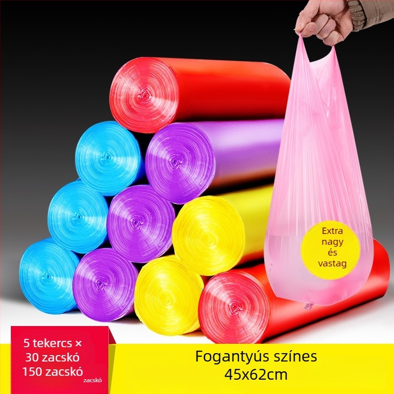 Háztartási lapos szájú műanyag zacskók, perforált, nagy tekercs, húzózsinóros, vastagított, konyha és iroda, nagy méret