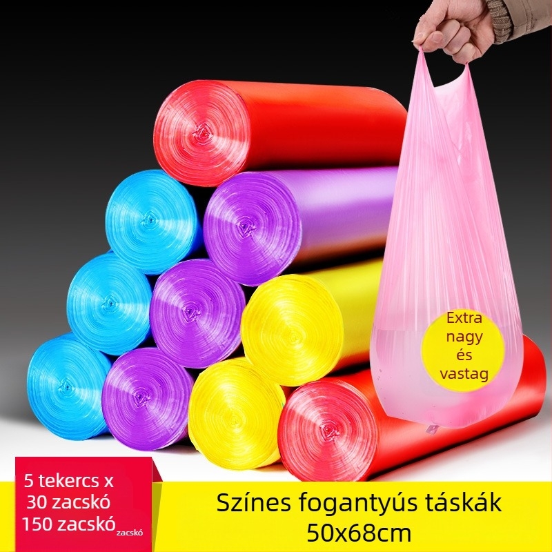 Háztartási lapos szájú műanyag zacskók, perforált, nagy tekercs, húzózsinóros, vastagított, konyha és iroda, nagy méret