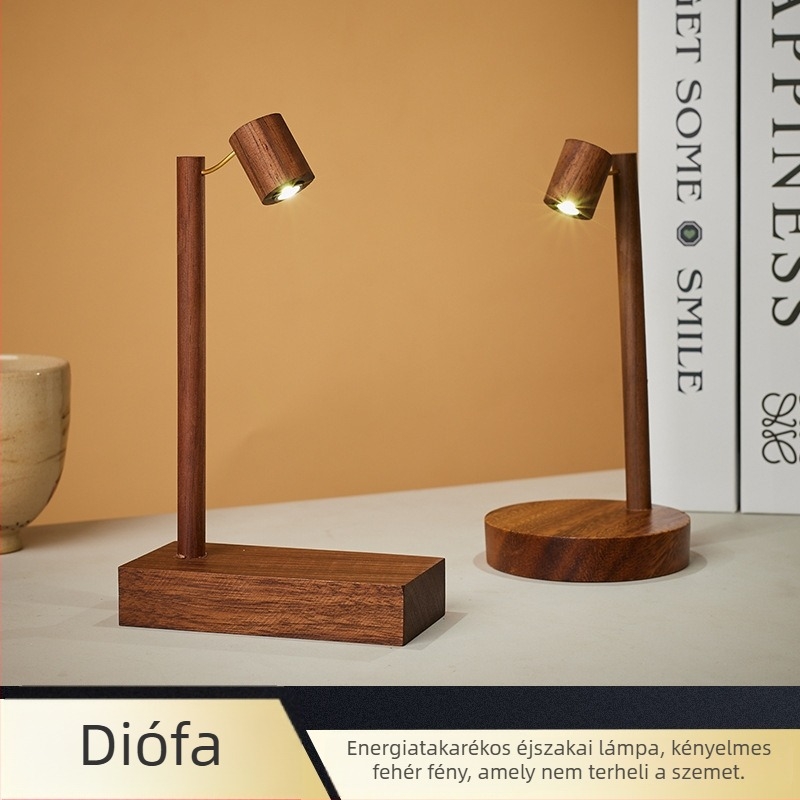 Diófából készült éjjeli lámpa LED fehér fénnyel, kompakt asztali lámpa hálószobába vagy kollégiumba, forgó kapcsoló, retro stílus