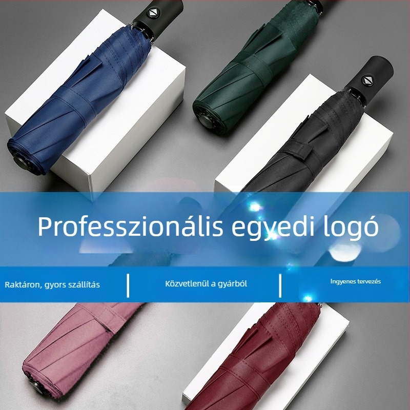 Automatikus nyitású háromrészes esernyő UV-védelemmel, fekete anyag, logónyomtatás reklámcélú használatra