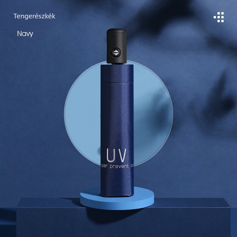 Automatikus nyitású háromrészes esernyő UV-védelemmel, fekete anyag, logónyomtatás reklámcélú használatra