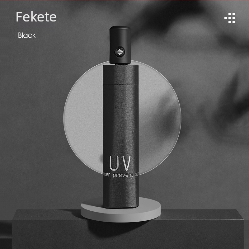 Automatikus nyitású háromrészes esernyő UV-védelemmel, fekete anyag, logónyomtatás reklámcélú használatra