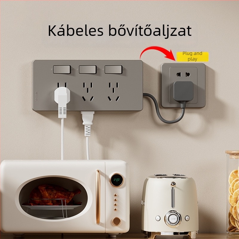 86-típusú felületre szerelt hosszabbító jelképfénnyel, több aljzattal, bekötés nélkül, egyesével kapcsolható aljzatok
