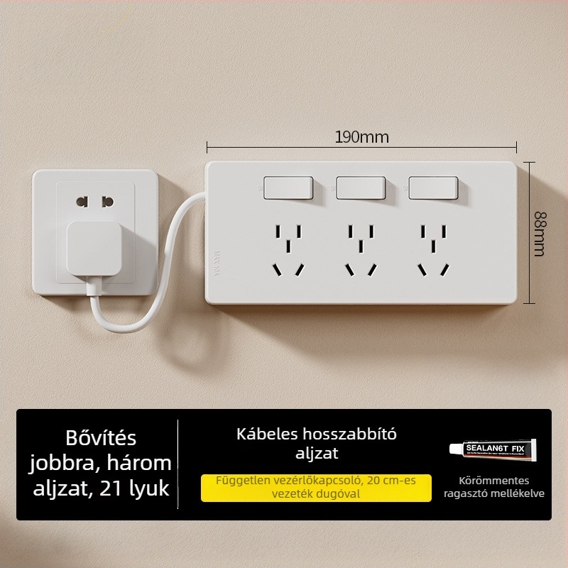 86-típusú felületre szerelt hosszabbító jelképfénnyel, több aljzattal, bekötés nélkül, egyesével kapcsolható aljzatok