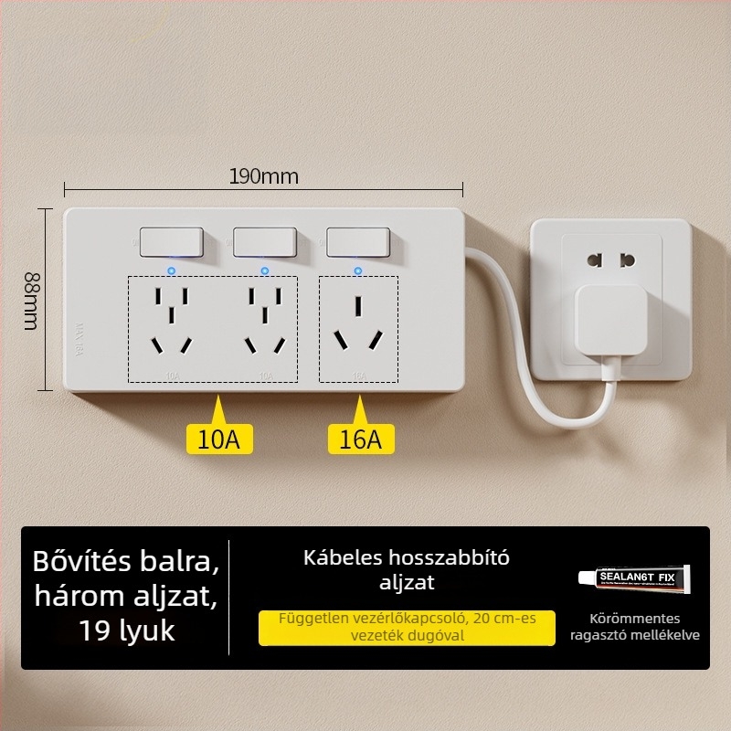 86-típusú felületre szerelt hosszabbító jelképfénnyel, több aljzattal, bekötés nélkül, egyesével kapcsolható aljzatok
