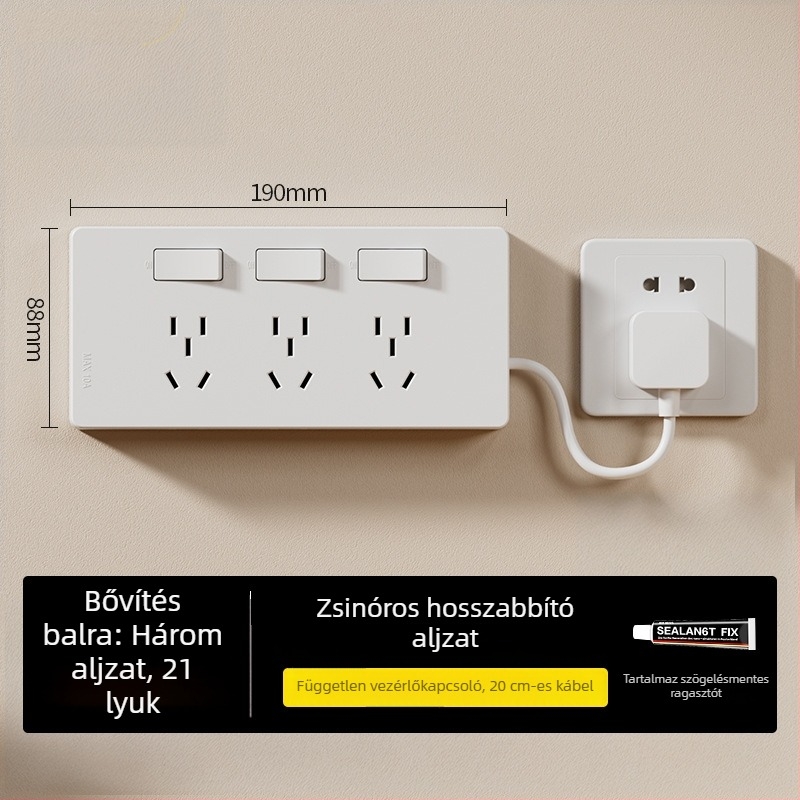 86-típusú felületre szerelt hosszabbító jelképfénnyel, több aljzattal, bekötés nélkül, egyesével kapcsolható aljzatok