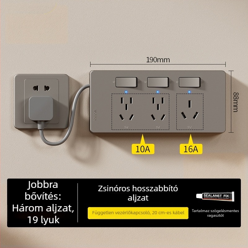 86-típusú felületre szerelt hosszabbító jelképfénnyel, több aljzattal, bekötés nélkül, egyesével kapcsolható aljzatok